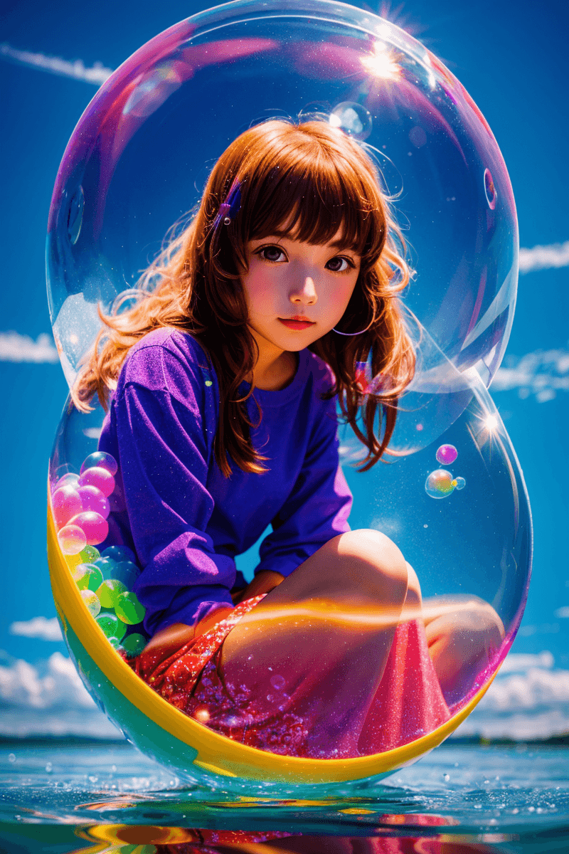 AI generated: big bubble on the water surface, girl sitting inside the bubble, colorful light reflections on the b...