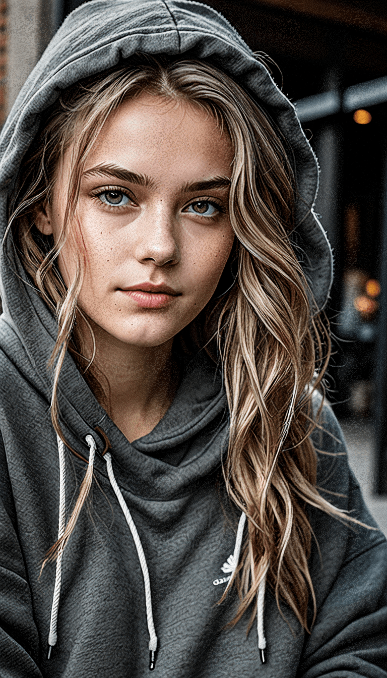 AI generated: A waist-up portrait of a young beautiful girl, natural complexion,  skin, sitting, messy hair style,...