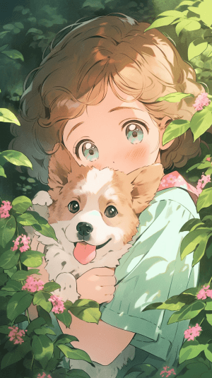 AI generated: A picture of a young girl holding a cute puppy, inspired by Emma Watson, sparkling eyes details, ten...