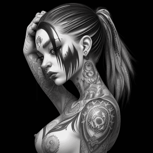 AI generated: tattooed female figurative painting by dora art, in the style of intricate black and white illustrat...