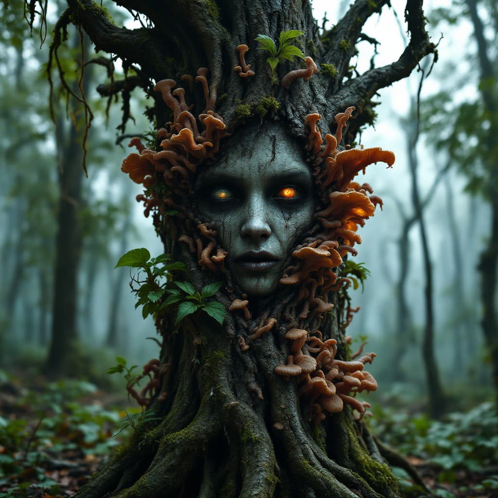 AI generated: A haunting human face partially fused into the trunk of a decaying tree, infected and overtaken by p...