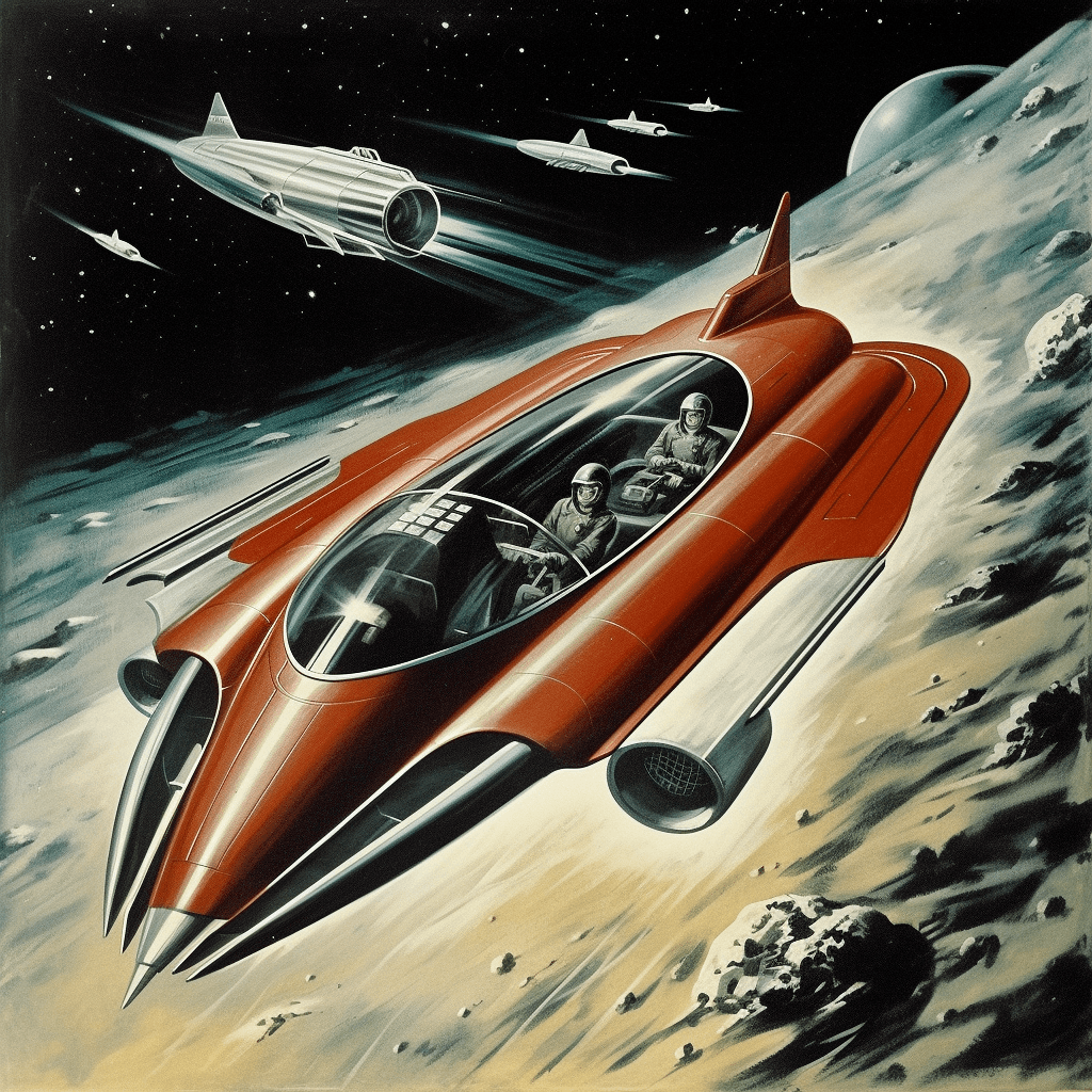 AI generated: 1950's sci fi, space rocket, space plane, man into space, future