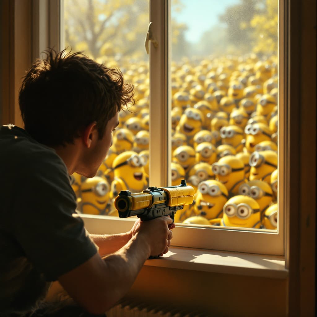 AI generated:  A boy and his dad looking from a window at daylight and sees many walking  Minions  . Their body ar...
