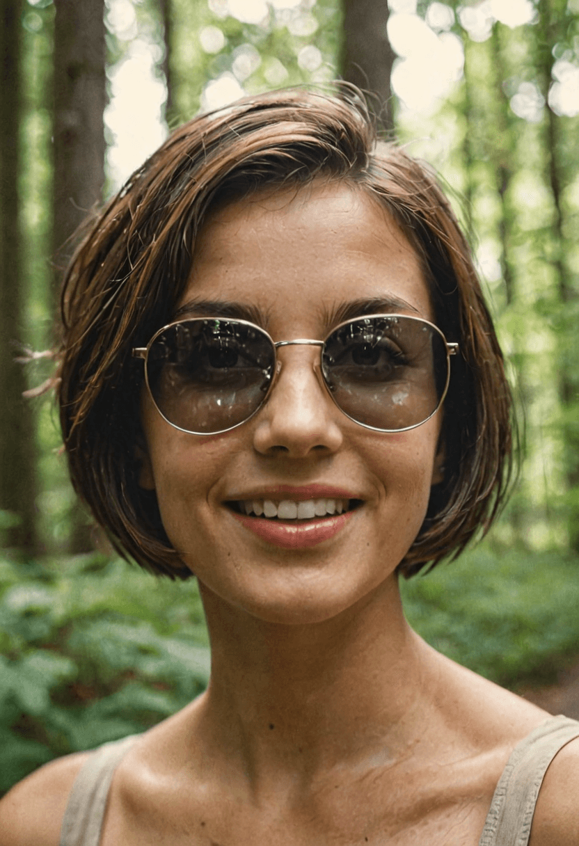 AI generated: analog film photo extreme close-up of a happy woman with short bob haircut, brunette, light makeup, ...