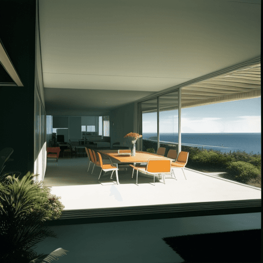 AI generated: Hyper realistic eye level exterior photo of a mid century modern style house overlooking the ocean, ...