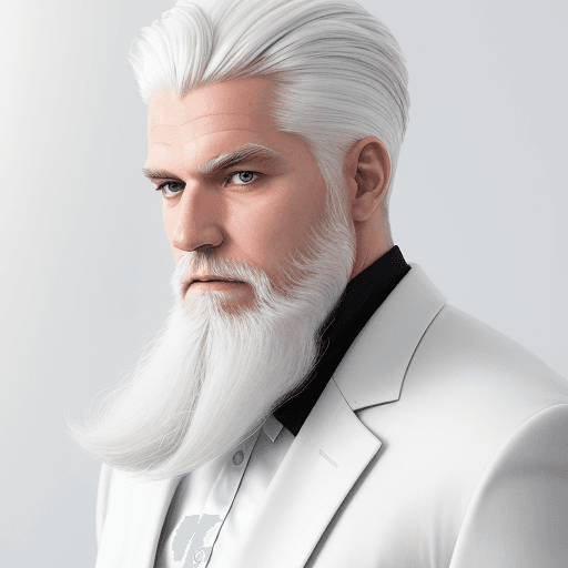 AI generated: Photograph, man, model, minimalist, white and silver hair, beard, solid white, studio lights