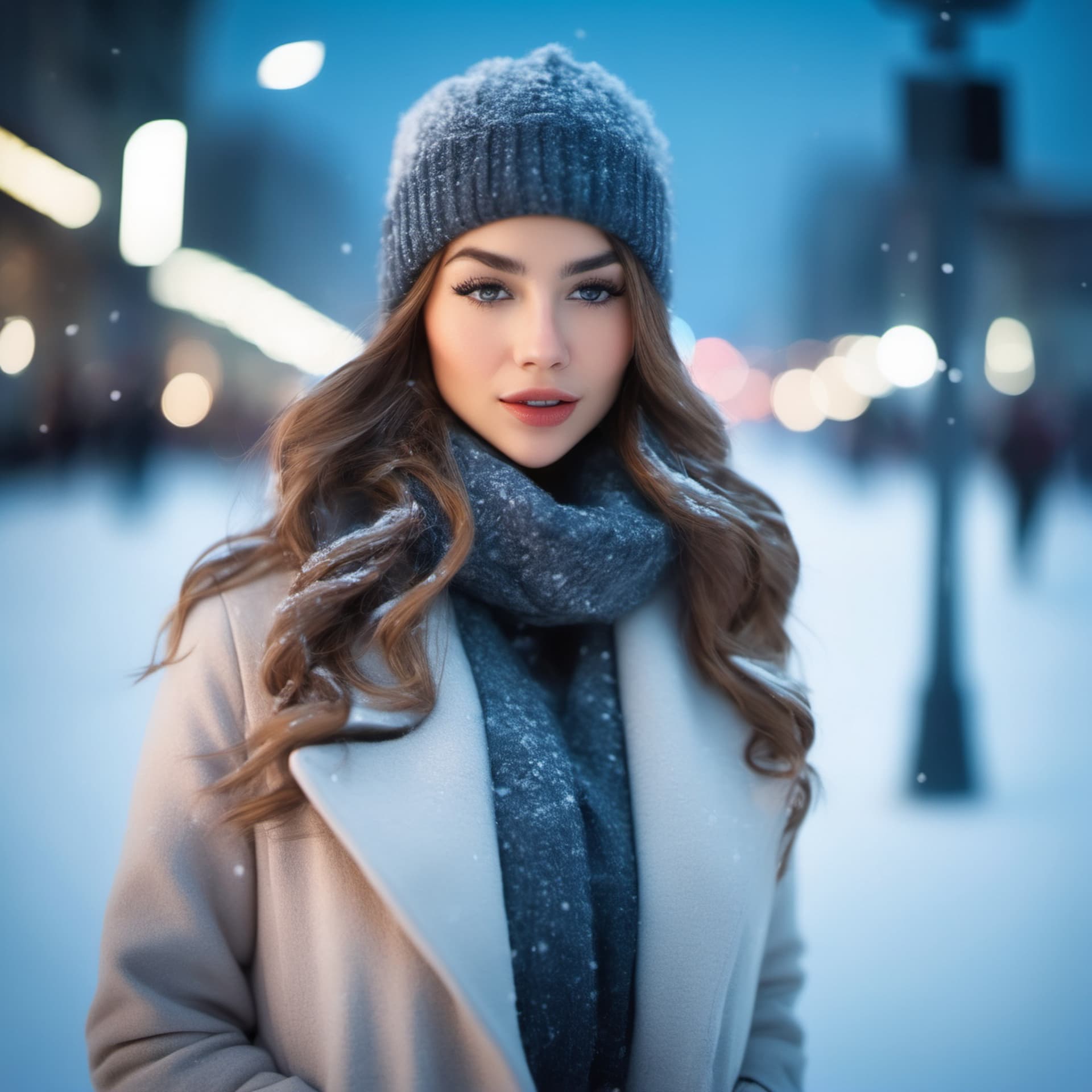 AI generated: professional portrait photograph of a girl in winter clothing with long wavy , flirty look, freckles...