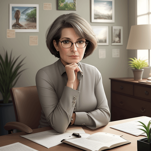 AI generated: hyper realistic photo, elegant 45-year-old woman sitting at her desk in her personal office, very sh...