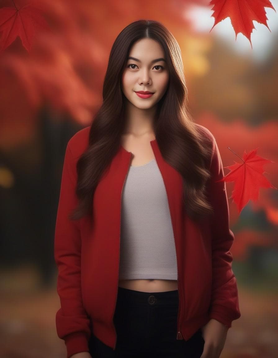 AI generated: (girl 21oyo with super long hair, hair becoming autumn red leaves:2.4), wearing sportwear, detailed ...
