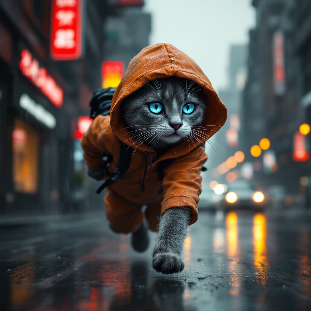AI generated: cyberpunk-style anthropomorphic real blue eye cat in an dirty and dark orange hoodie with a black ba...