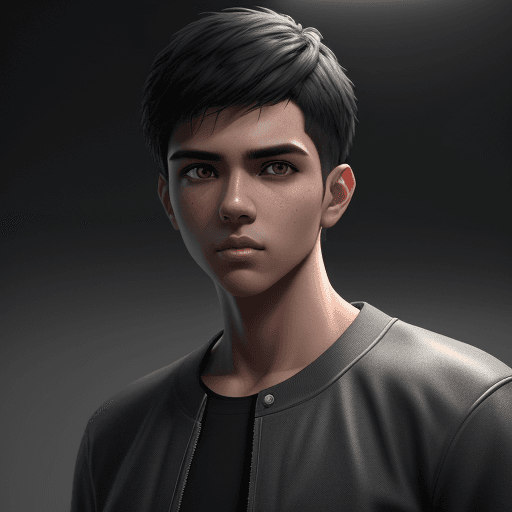 AI generated: ender of a handsome 3d young man, cool, no glasses, short black hair, brown eyes, medium skin tone, ...