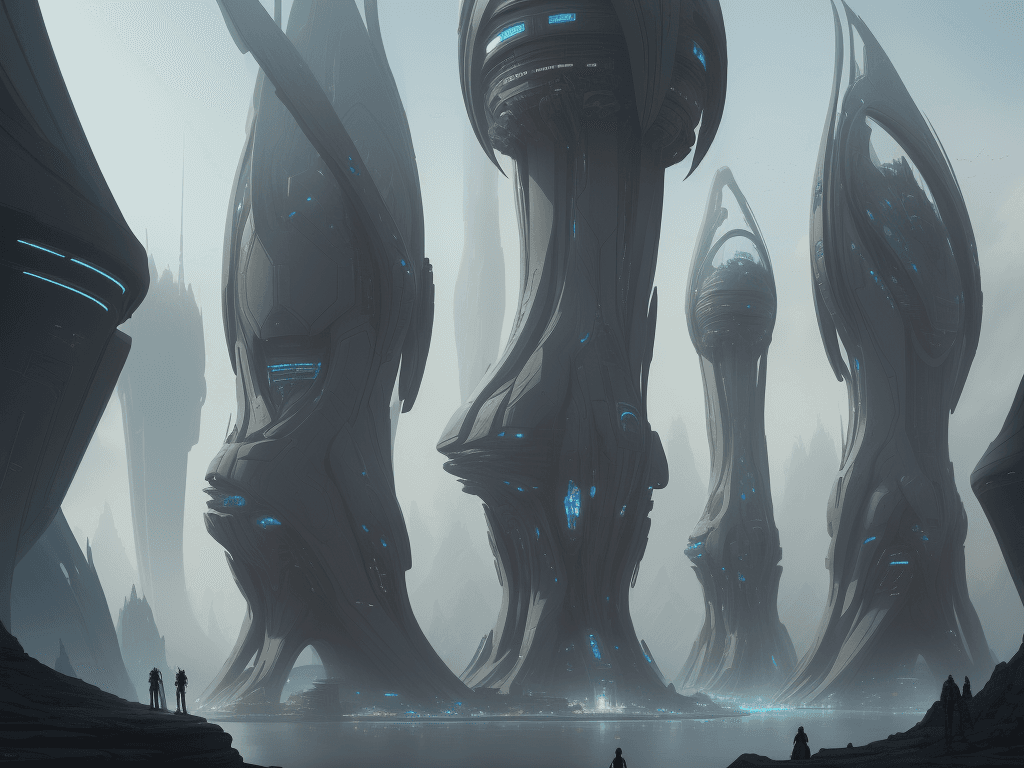AI generated: a group of people standing in front of a futuristic city, detailed sci-fi art, stunning sci-fi conce...