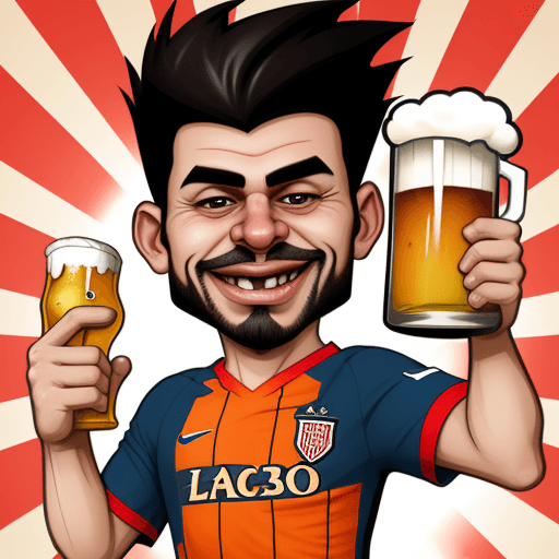AI generated: a caricature that illustrates a soccer Fan, who hold a beer in his hand