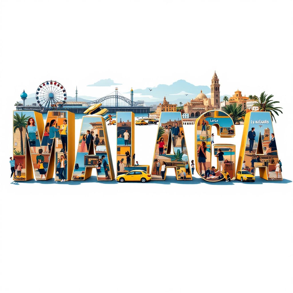 AI generated: A striking, high-contrast cinematic photo-style vertical collage that captures the essence of Málaga...