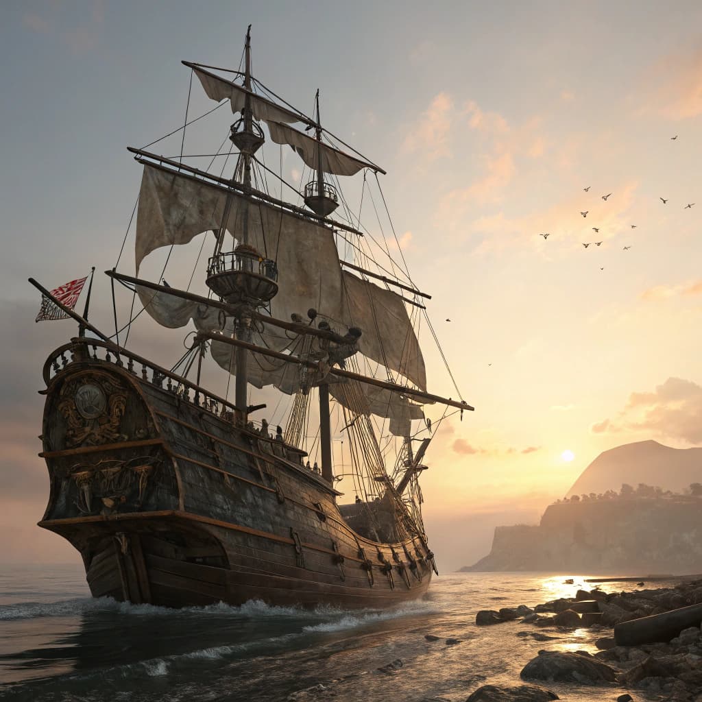 AI generated: Photo of a ultra realistic sailing ship, dramatic light, pale sunrise, cinematic lighting, battered,...
