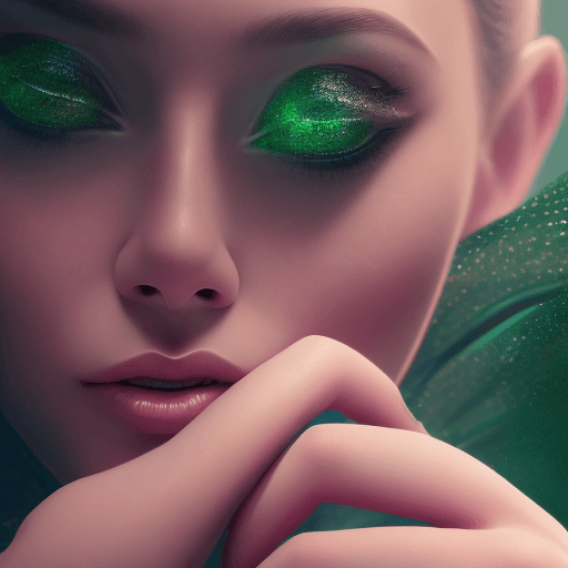 AI generated: young woman with green eyes, sensual gaze, fashionable, rings on fingers, beautiful, mysterious, smo...