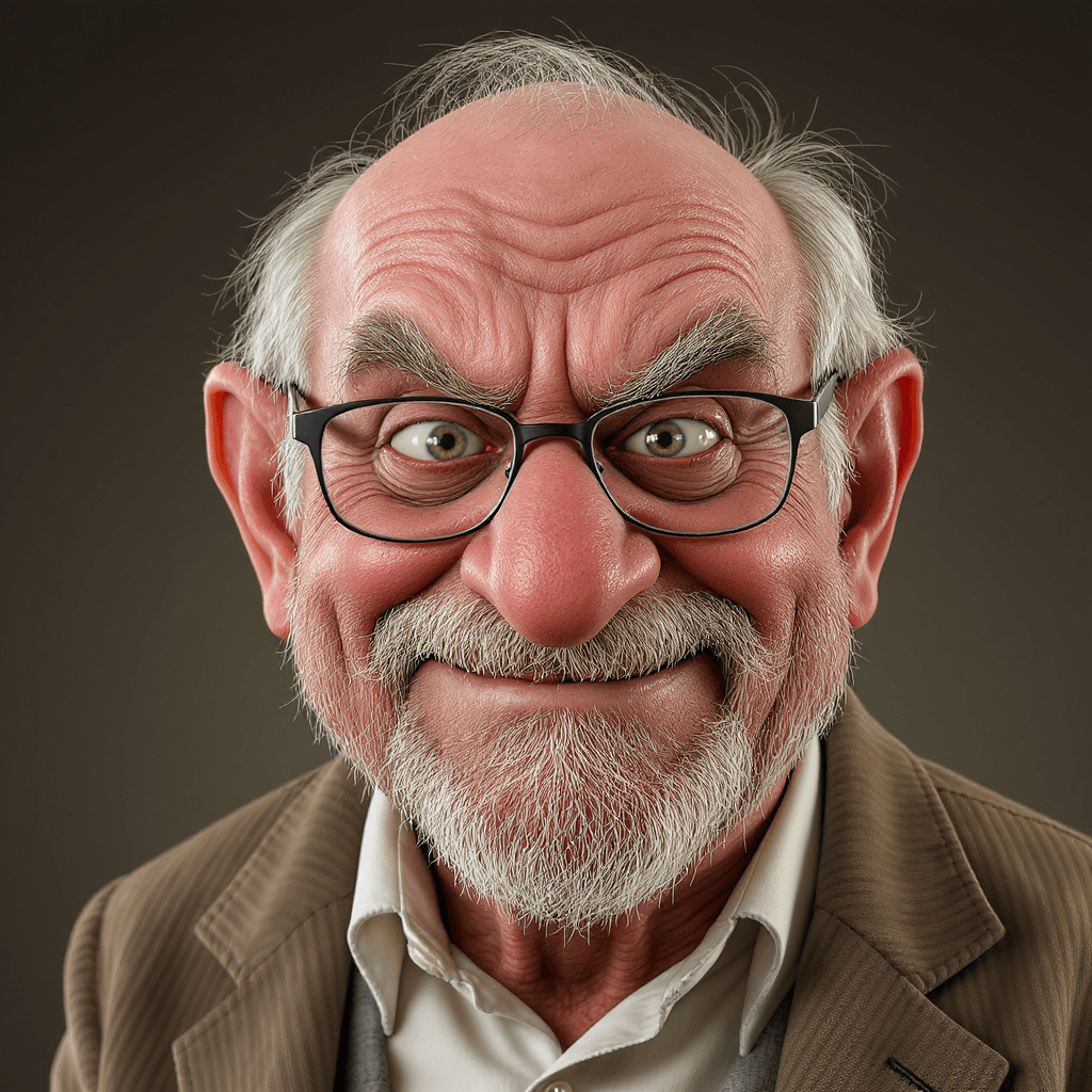 AI generated: Expressive caricature in pixar style unreal charming seemingly mischievous irritated very old man wi...