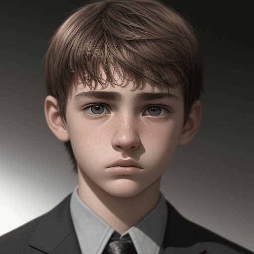 AI generated: 14 year old, realistic, man face, detail shot, suit, profound gaze, photo realistic, background blac...