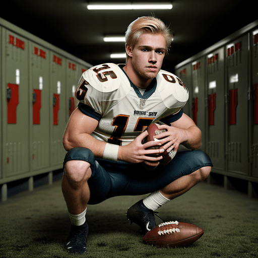 AI generated: caucasian american football player, short blonde hair, attractive rugged face, crouching in football...