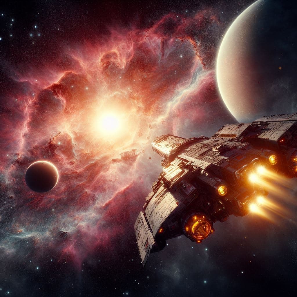 AI generated: A colony ship approaching a new solar system,very detailed,photorealistic,beautiful,star nebula,2 su...