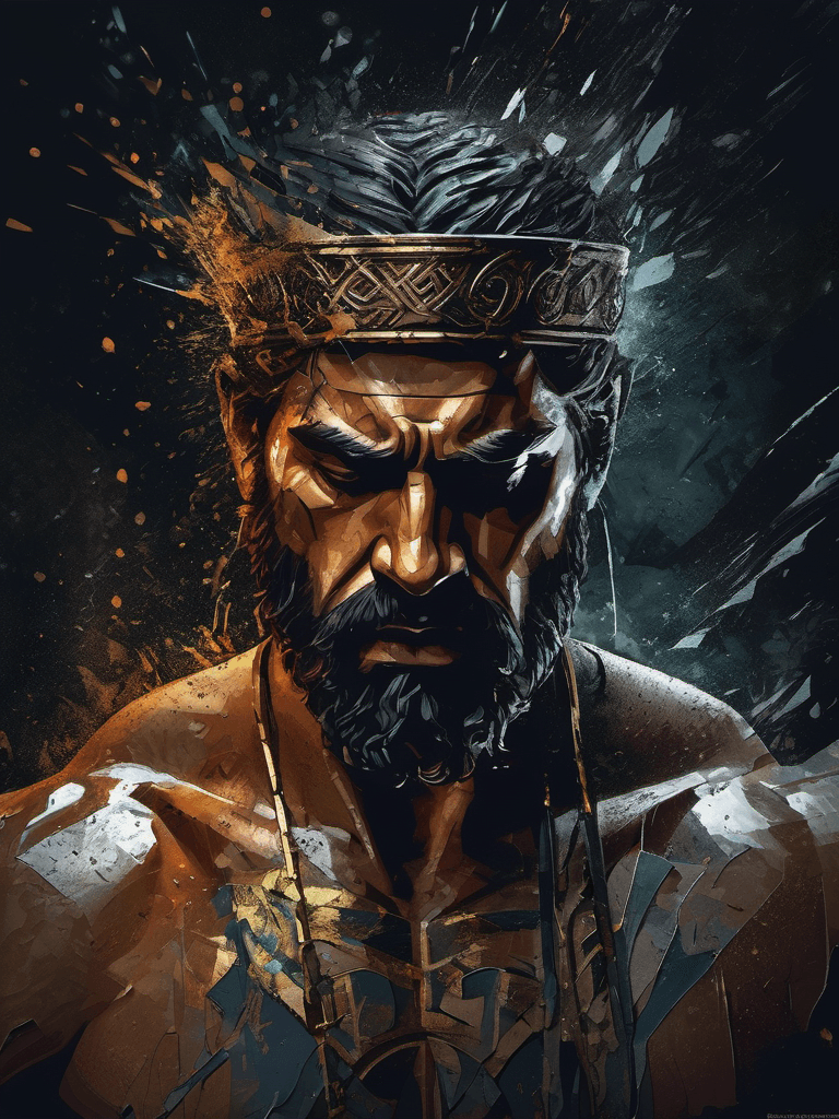 AI generated: a greek god, desperate, digital wallpaper portrait, dark background, muted colors, brutal epic compo...