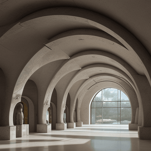 AI generated: rustic, subterranean museum, curvaceous, organic architecture interior limestone textured, and stain...