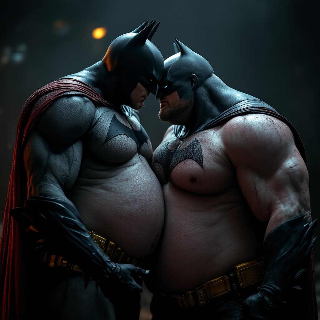 AI generated: photography, medium shot of a anorexic batman ,superman morbid fat, kissing passionately, hugging wi...