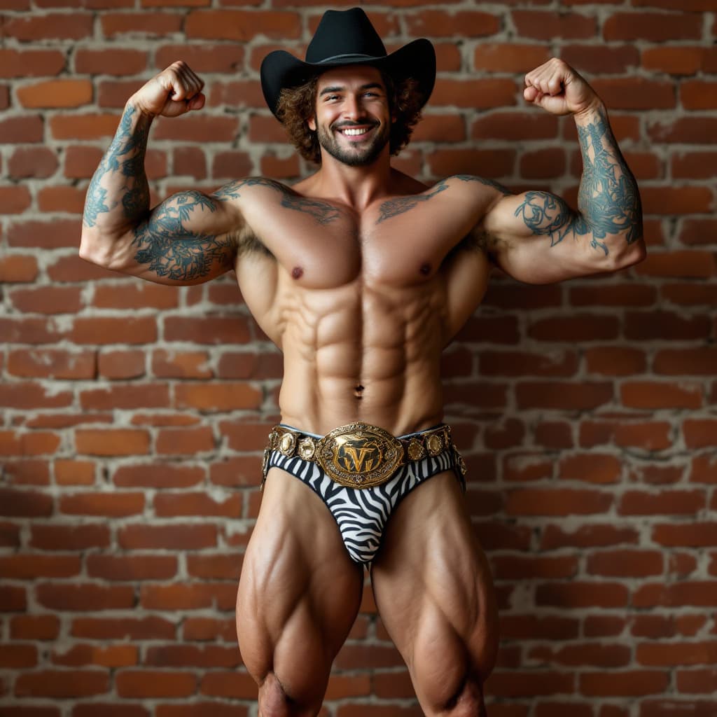 AI generated: Full body image, young Cowboy, muscular, heavily tattooed, chiseled face, chiseled jawline, brown cu...