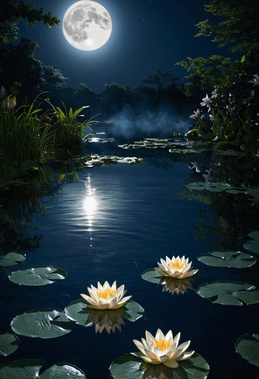 AI generated: A serene koi pond illuminated by the soft, warm glow of a full moon casting ethereal light across th...