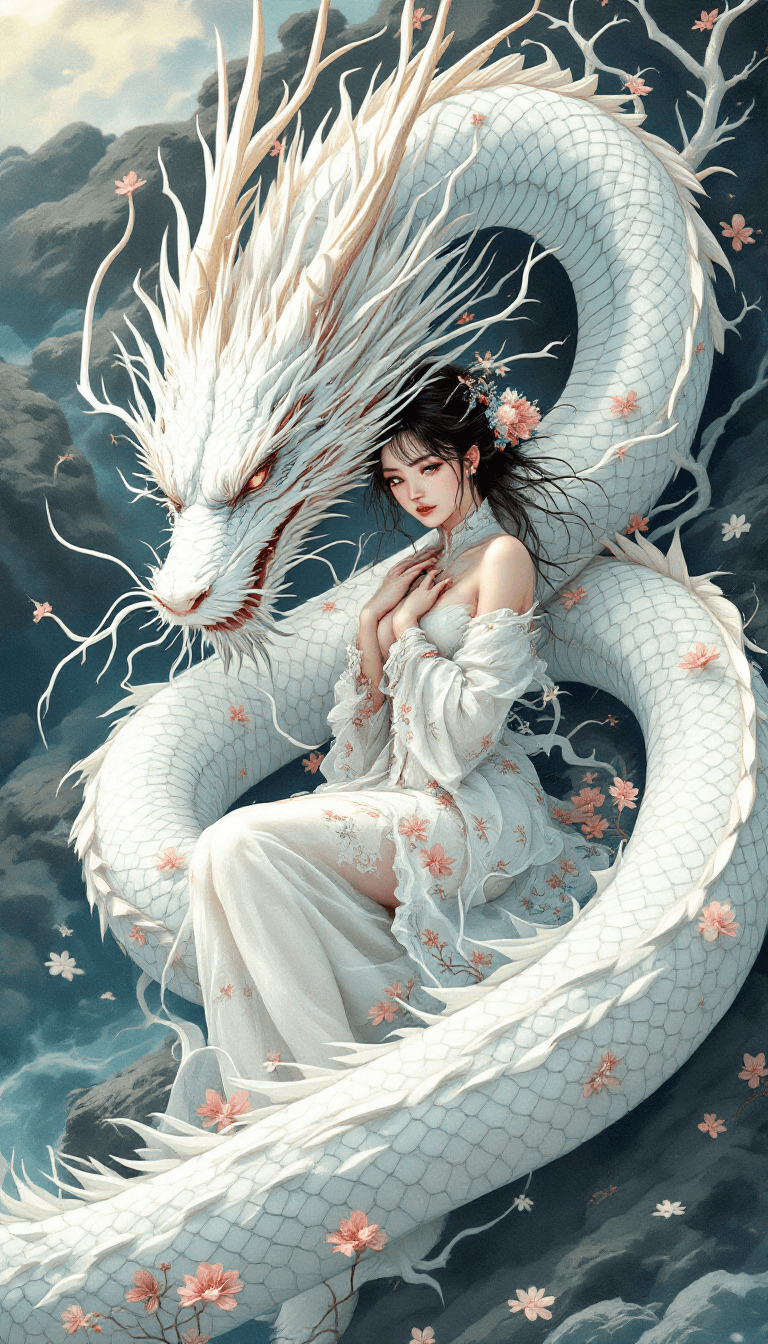 AI generated: Create a single whimsical illustration depicting the beautiful body of a white dragon, similar to a ...