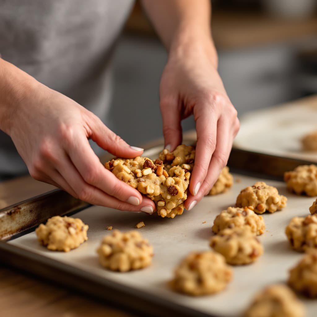 AI generated: Prompt: A mid-range shot of hands carefully folding roasted nuts into the cookie dough. The dough is...