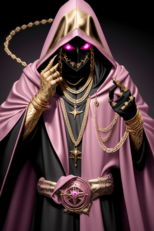 AI generated: Shadow wizard money gang, in pink cloak hood, dark face, gold chains and jewellery