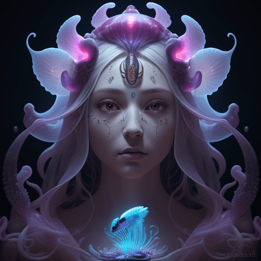 AI generated: Goddess close-up portrait ribcagel. jellyfish phoenix head, nautilus, orchid, skull, betta fish, bio...