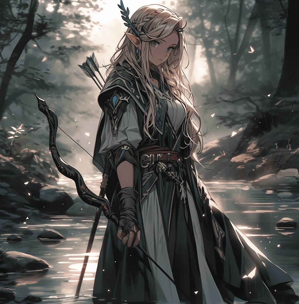 AI generated: an elf dressed in a costume standing in a stream with arrows on her belt, in the style of dark white...