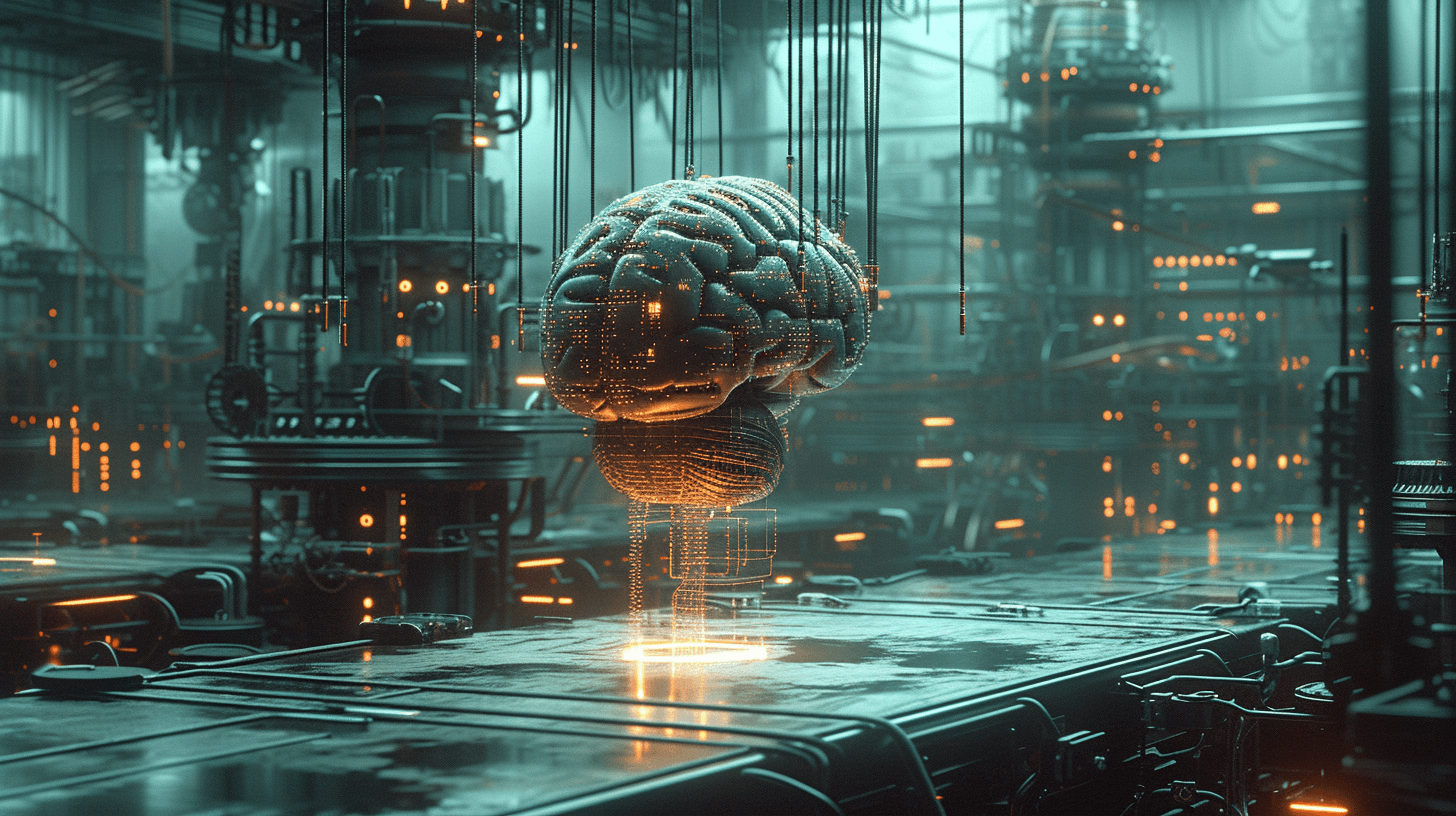 AI generated: an endless factory of cyber translucide brains, connected by wires and cables, machines are adding p...