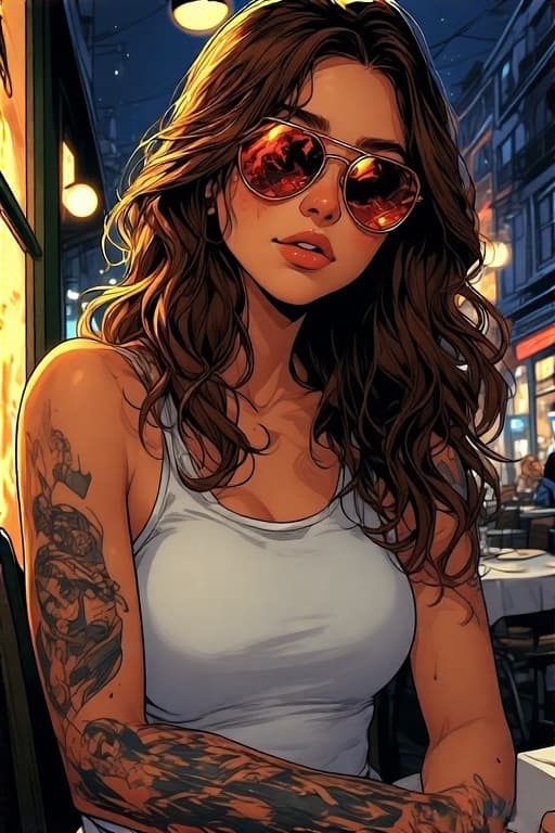 AI generated: A beautiful young girl with sunglasses on, fair skin, brown wavy hair, tattooed arms, ample cleavage...