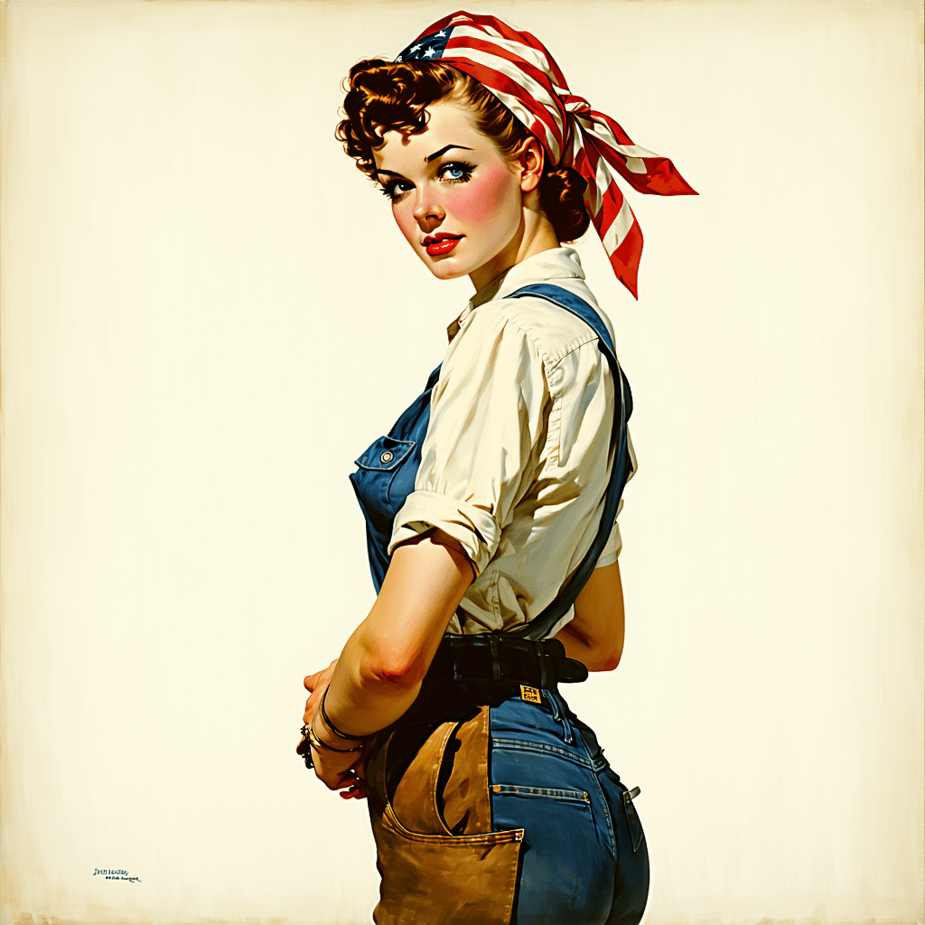AI generated: Cover art quality illustration by ((Joseph Christian Leyendecker)), a Rosie the Riveter, 3/4 shot, f...