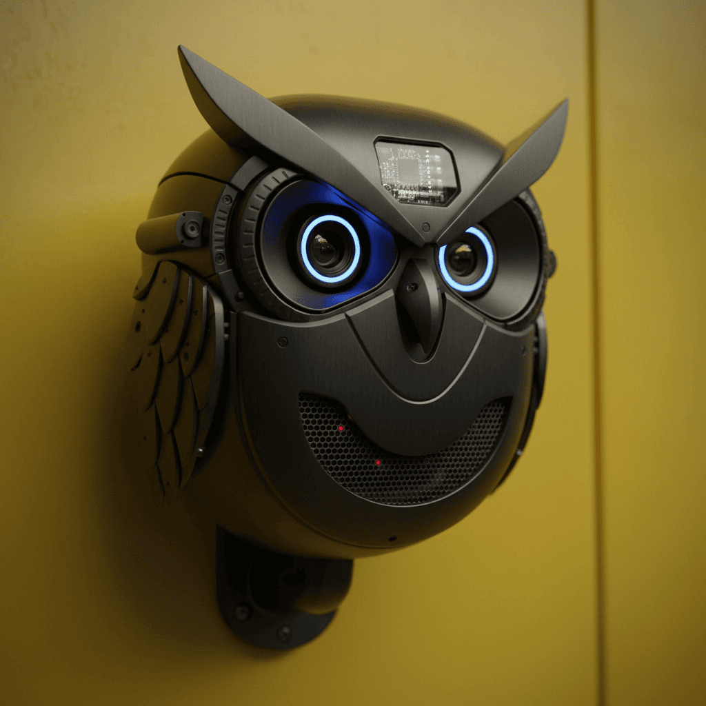 AI generated: Close up of an AI powered owl used as as video surveillance device. 