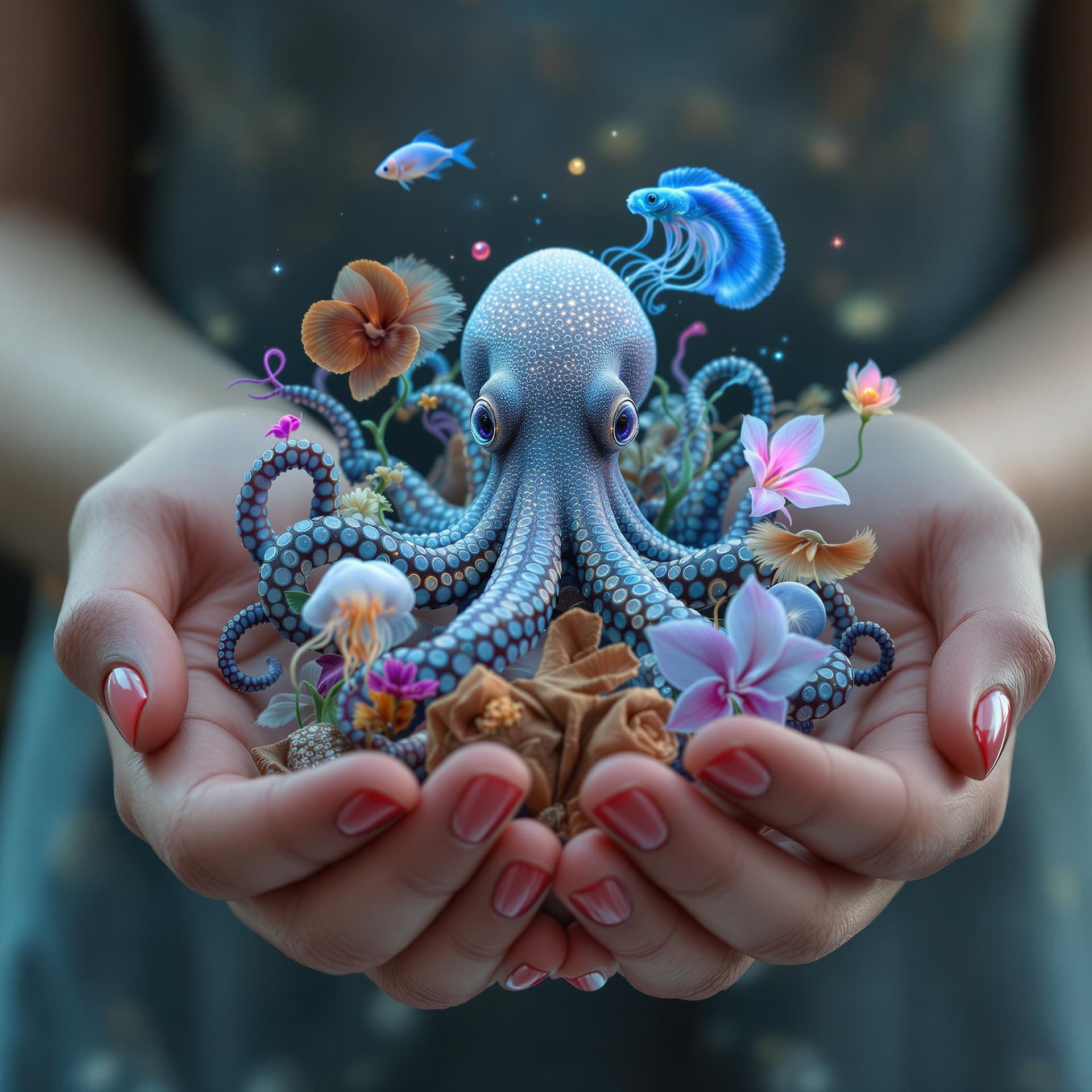 AI generated: A woman's hands holding an imaginary octopus, jellyfish, nautilus, orchid, betta fish bioluminescent...