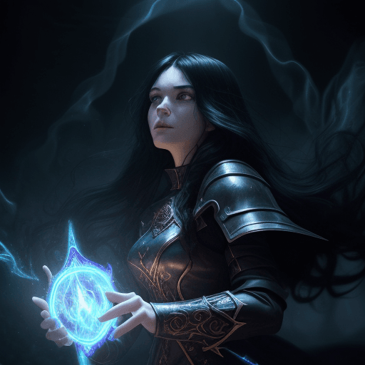 AI generated: A female warlock with long black hair wearing leather armor, Casting a Spell, Swirling magical energ...