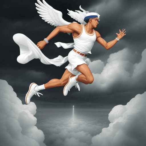 AI generated: Hermes running in the sky with white Air Jordan shoes on and heavy stormy background  