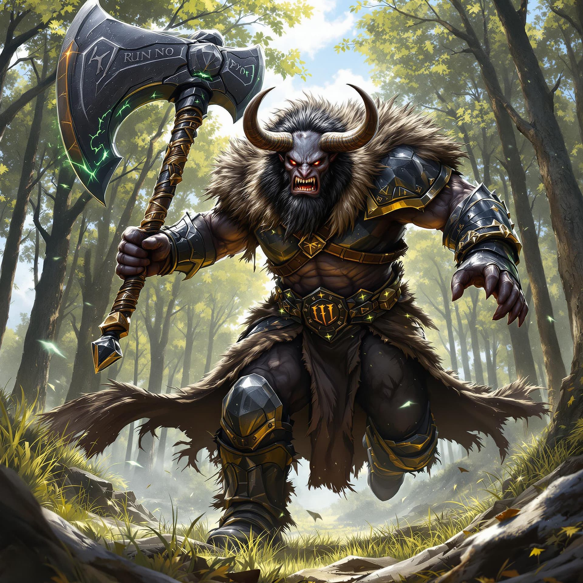 AI generated: A minotaur barbarian warrior, sheathed in battered black chrome armor, charges forward into the midd...
