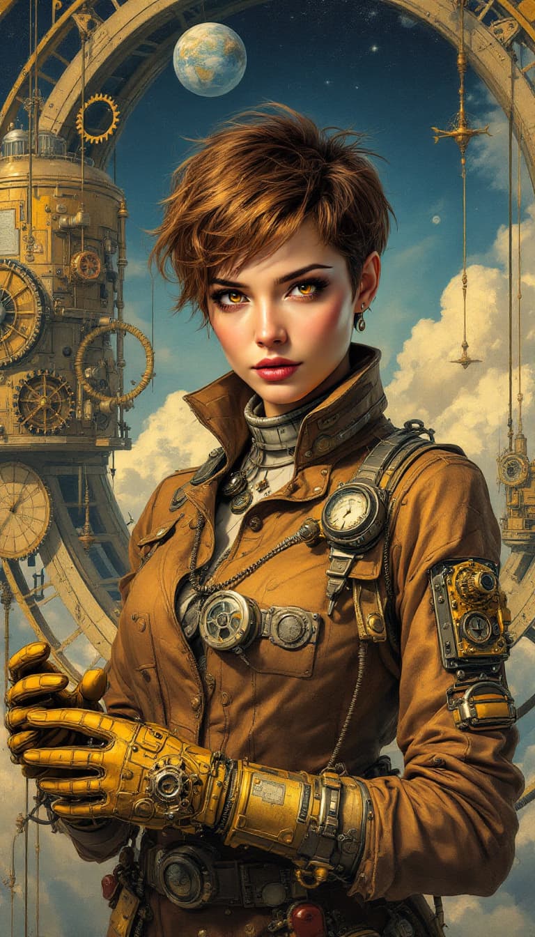 AI generated: "Bronze Inventor in a Skyborne Atelier": A dynamic abstract painting captures an inventor, displayin...