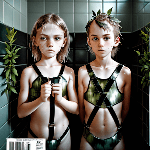 AI generated: Front cover of TweenSauna magazine.  Scandinavian minimal harness tweens sweating profusely in steam...