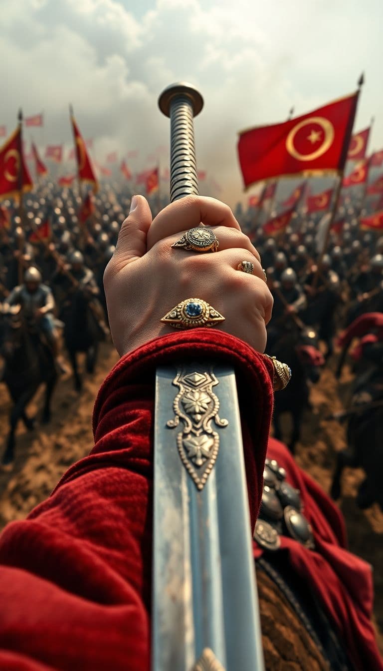 AI generated: First person POV, the Sultan’s hands, adorned with intricately designed Ottoman rings, grip the hilt...
