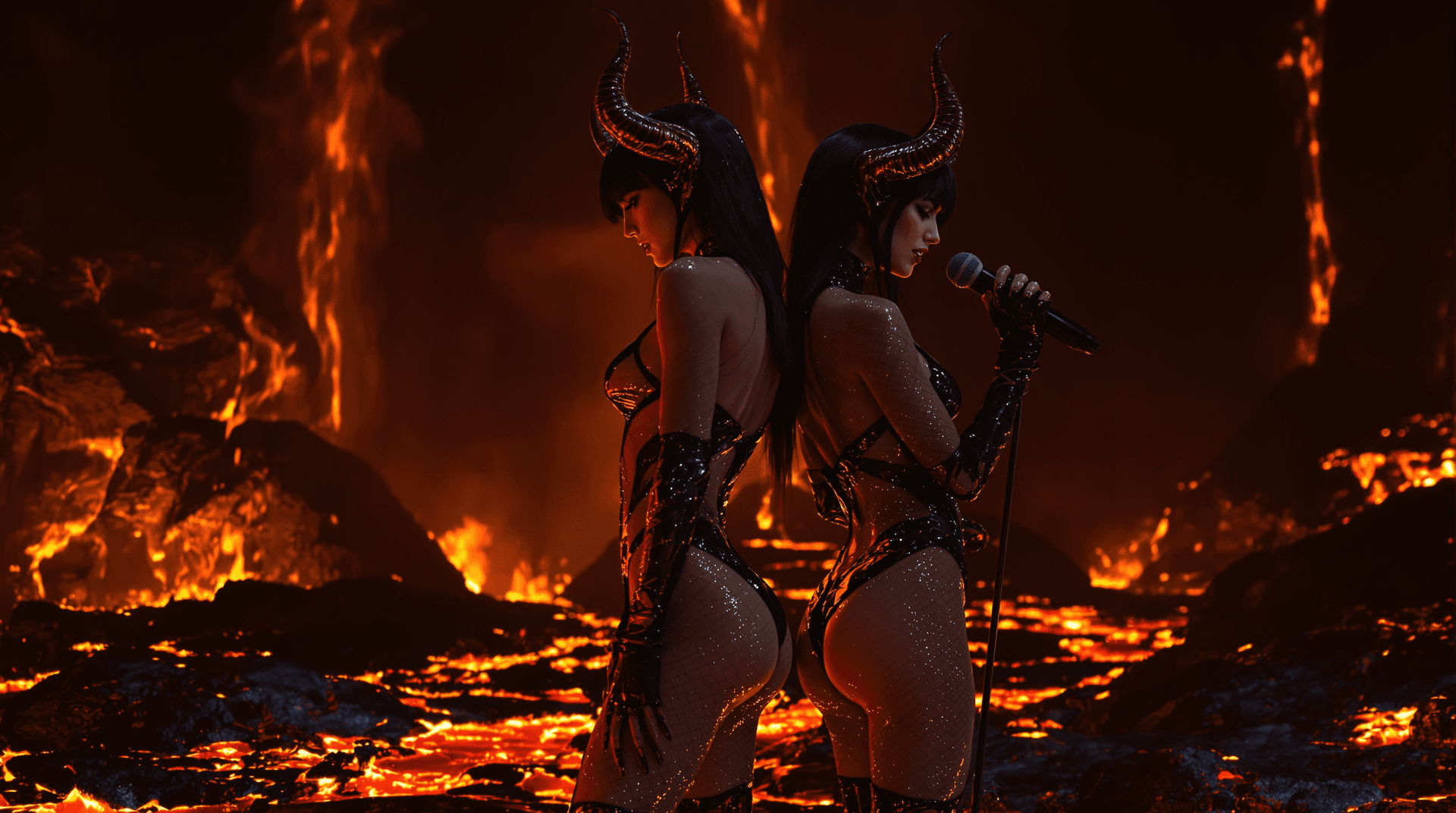 AI generated: portrait of two female red demon, bathed in a warm, golden glow reminiscent of a sunset over a mysti...