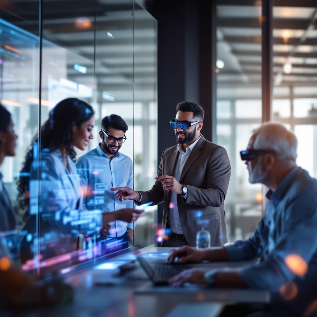 AI generated: /imagine prompt: Diverse professional team in modern office, 35-year-old Indian woman presenting on ...