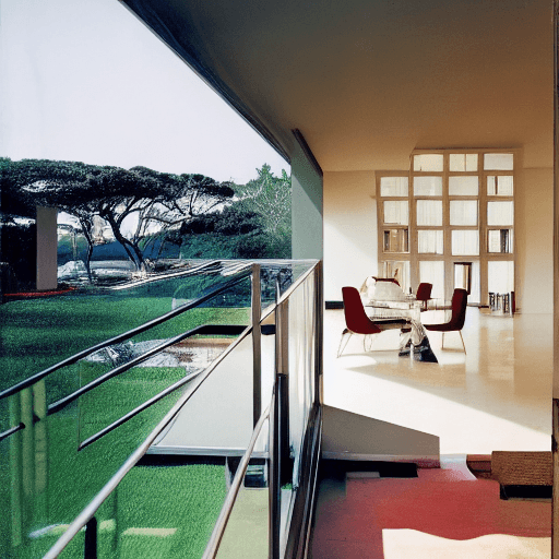 AI generated: Hyper realistic ice tea level exterior photo of a mid modern style house overlooking the ocean, dayl...