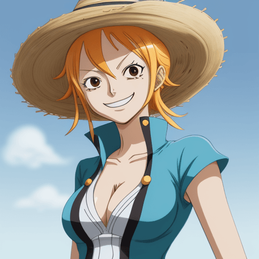 AI generated: a sticker of Nami from one piece, straw hat, smirk smile, anime style, minimalist design --ar 2:3 --...