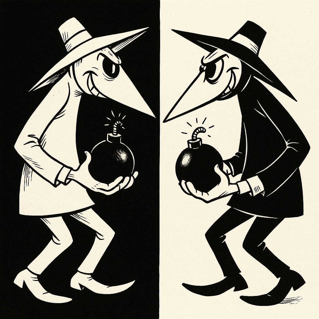 AI generated: A comic-style illustration inspired by Spy vs. Spy, the iconic strip from MAD Magazine. The left hal...